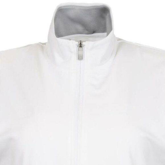 white hoodless jacket